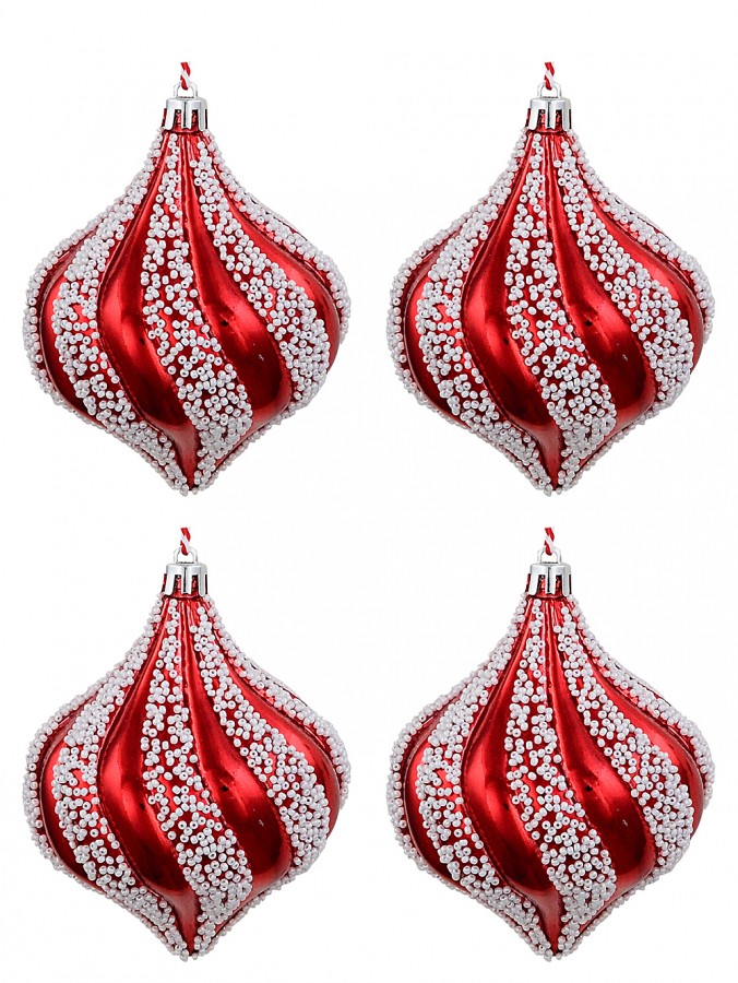 4x Glossy Red & White Bead Spiral Whimsical Signature Onion Finial Drop | 80mm