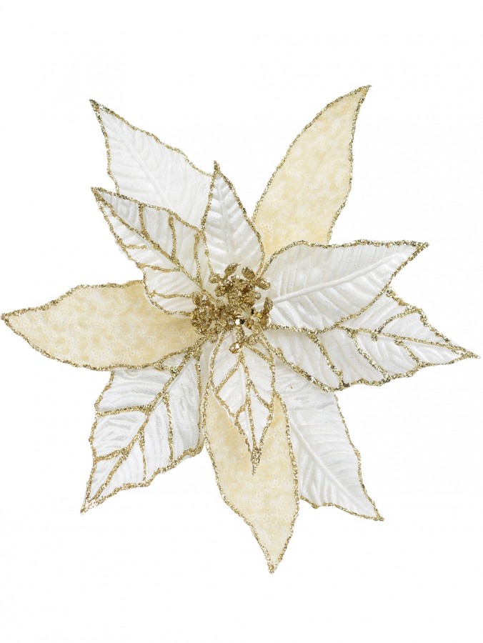 Gold Glittered White & Cream Poinsettia Decorative Christmas Flower Pick - 28cm