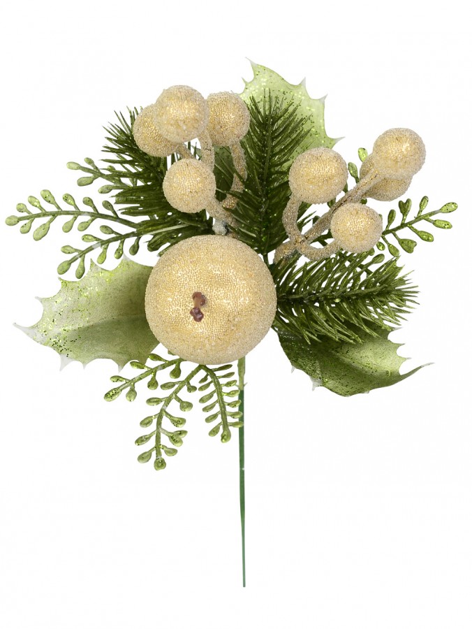 Gold Glitter Apple & Berry With Apple Green Leaves Christmas Floral Pick - 20cm