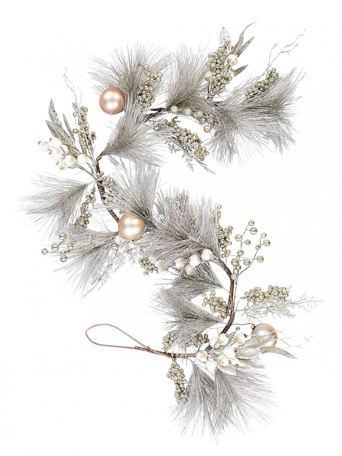 1.5m Decorated Champagne Pine, Foliage, Berries & Baubles Christmas Garland