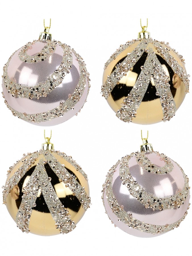 Pink & Gold Baubles With Sequin & Glitter Ribbon Bow Pattern - 4 x 80mm