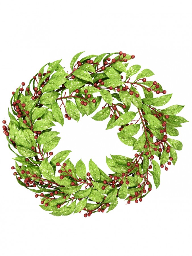 Glittered Bare Wreath With Green Leaves & Red Berries - 77cm