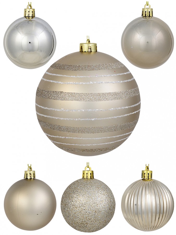 32x 60mm & 15cm Platinum Matte, Shiny, Pearl & Glitter Christmas Baubles