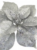 Silver Sequin & Glitter Poinsettia Christmas Flower Clip Pick - 26cm Wide