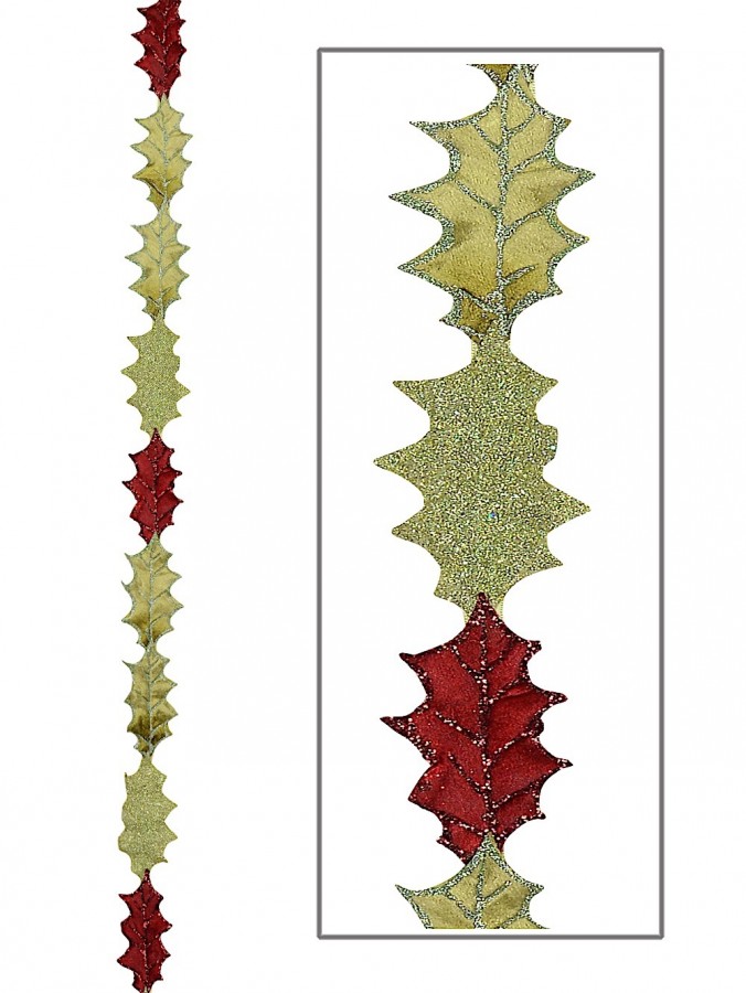 Holly Leaf Garland In Red, & Two Tone Gold - 2.7m
