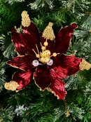 Burgundy & Gold Poinsettia Decorative Christmas Flower Clip Pick - 26cm Wide