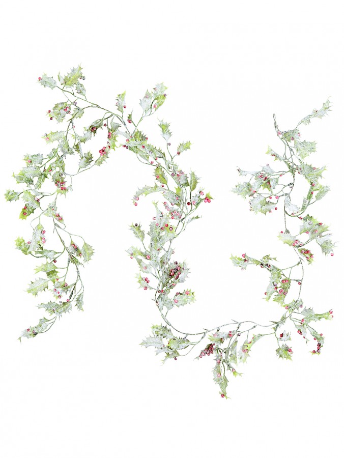 1.8m Frosted Holly Leaves & Berries Vine Garland