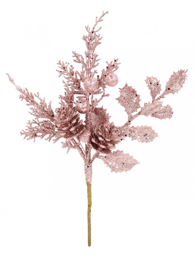 Pink Glitter Mixed Foliage With Pine Cone & Berries Christmas Spray Pick - 28cm