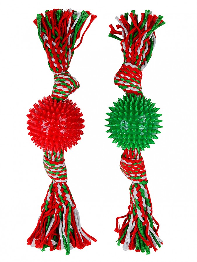 Assorted Red & Green Dog Spikey Ball Toy With Tug Rope