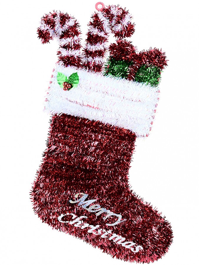 Red Stocking With Candy Canes & Gift Tinsel Strand Christmas Decoration - 55cm