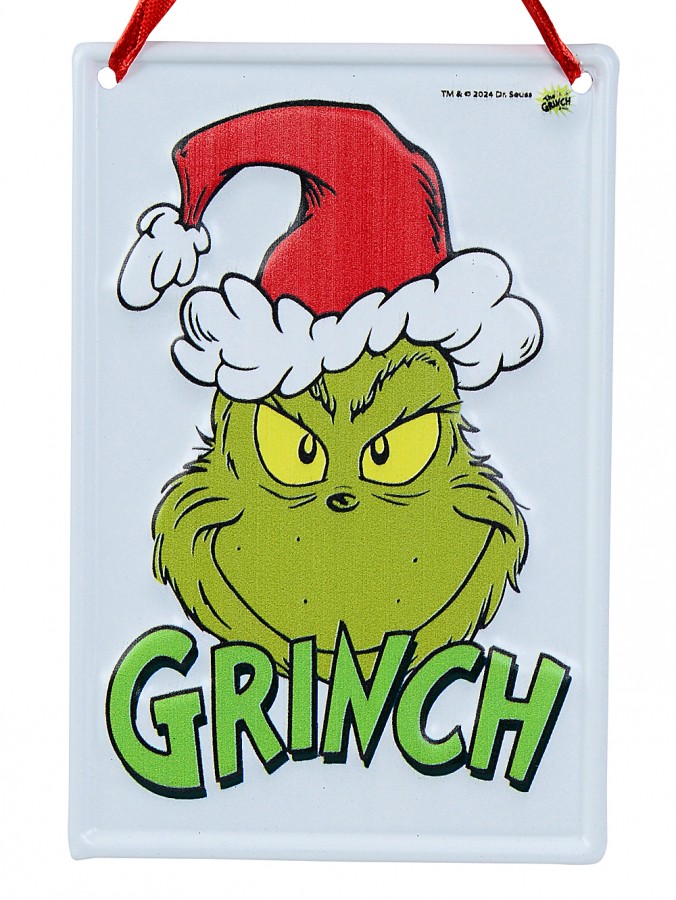 Smirking Grinch Face Metal Christmas Hanging Sign Plaque - 15cm