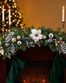 2.3m White Poinsettia and Mistletoe Christmas Garland | Gold & Silver Baubles