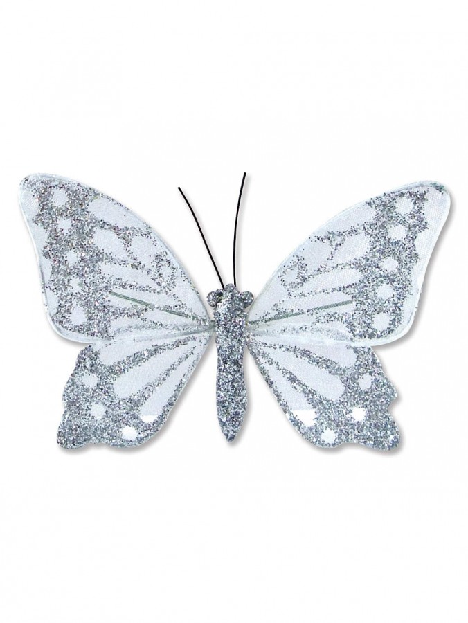 Silver Glittered Butterflies - 6 x 12cm