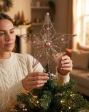 Large Pink Glitter 3D Star Christmas Tree Topper With Pearls | 33cm