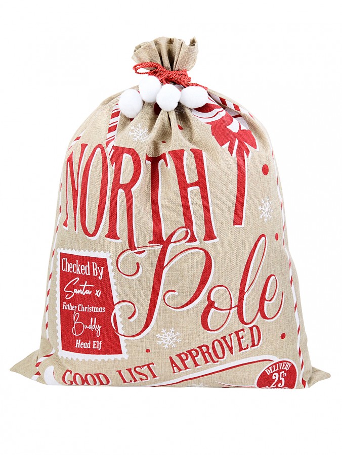 Jute North Pole Good List Approved Checked By Santa & Buddy Gift Sack - 80cm