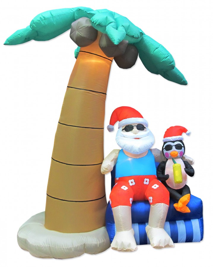 Santa & Penguin With Internal Light Sitting Under Palm Tree Inflatable - 1.8m