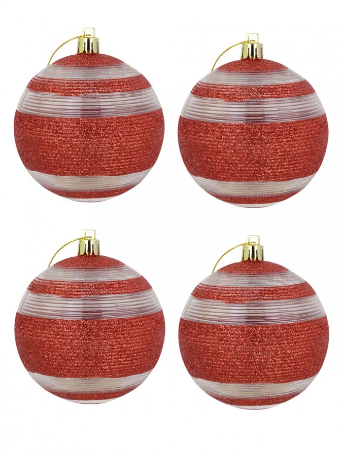 Red Glitter Baubles With Clear Lined Trim - 4 x 80mm