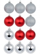 Silver Glittered, Red Matte & Silver Metallic Christmas Baubles - 12 x 60mm