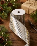 Wired Silver Glitter Sheer Ribbon Reflective Mirror Ball | 10m x 10cm