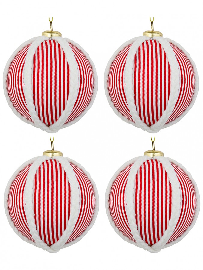 4x Red & White Candy Stripe Braided Rope Whimsical Signature Baubles | 10cm
