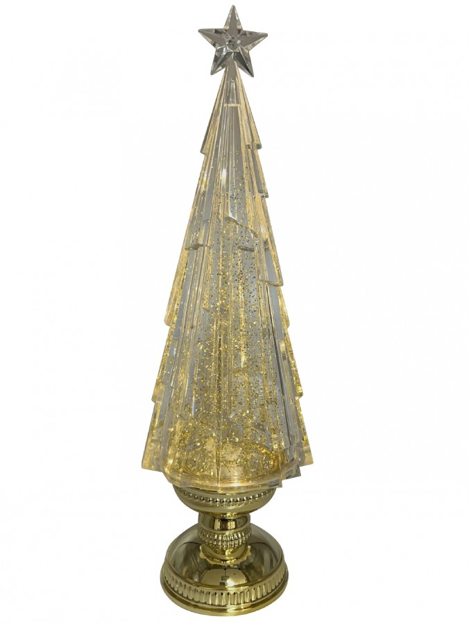 Clear Ice Shard Christmas Tree With Gold Base Snow Globe Ornament - 43cm
