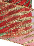 9m Gold & Green Glitter Tapered Lines & Dots On Red Sheer Wide Cut Ribbon