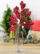 80cm Red Velvet Holly Leaf & Snow Berries Long Christmas Stem