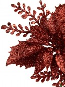 Red Glitter Poinsettia & Holly Leaf Decorative Christmas Flower Pick - 15cm