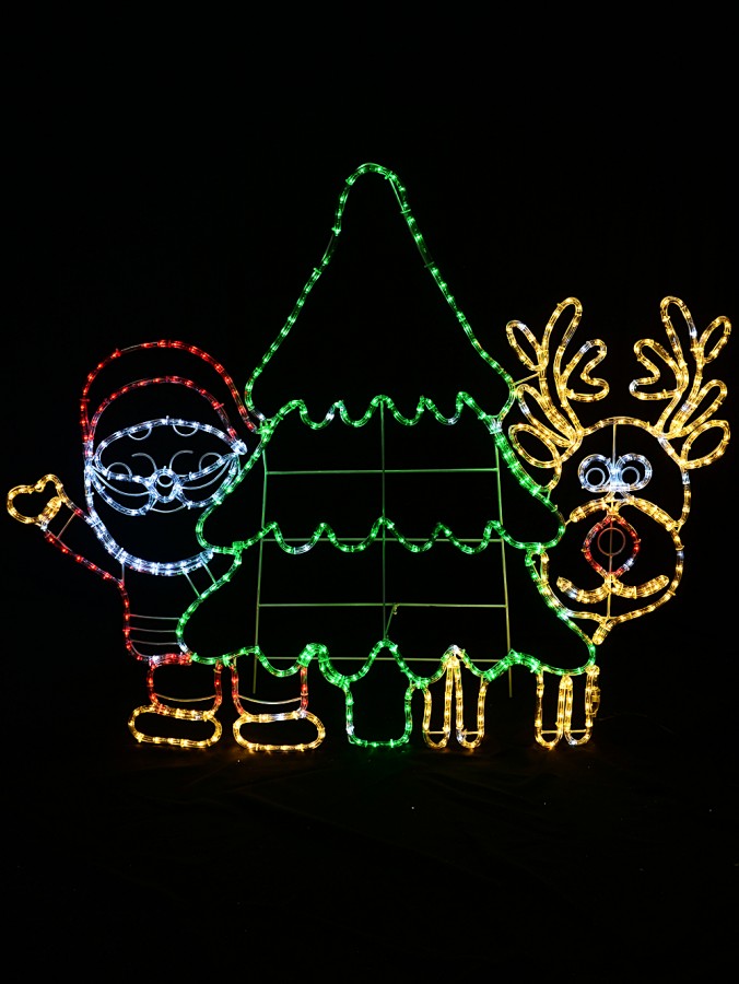 1.2m Santa, Reindeer & Tree With White, Green & Red LED Twinkle Light Display