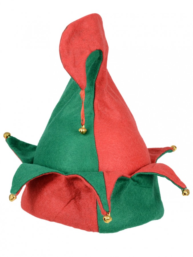 Red & Green Traditional Christmas Elf Hat With Jingle Bells - One Size Fits Most