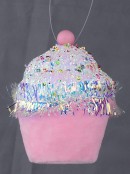 11cm Pink Cupcake With Sequin Icing & Tinsel Christmas Tree Ornament