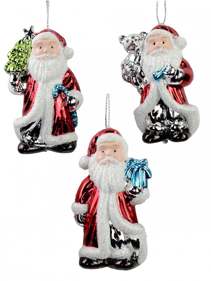 Santa's Holding Christmas Tree & Other Gifts Hanging Decorations - 3 x 80mm