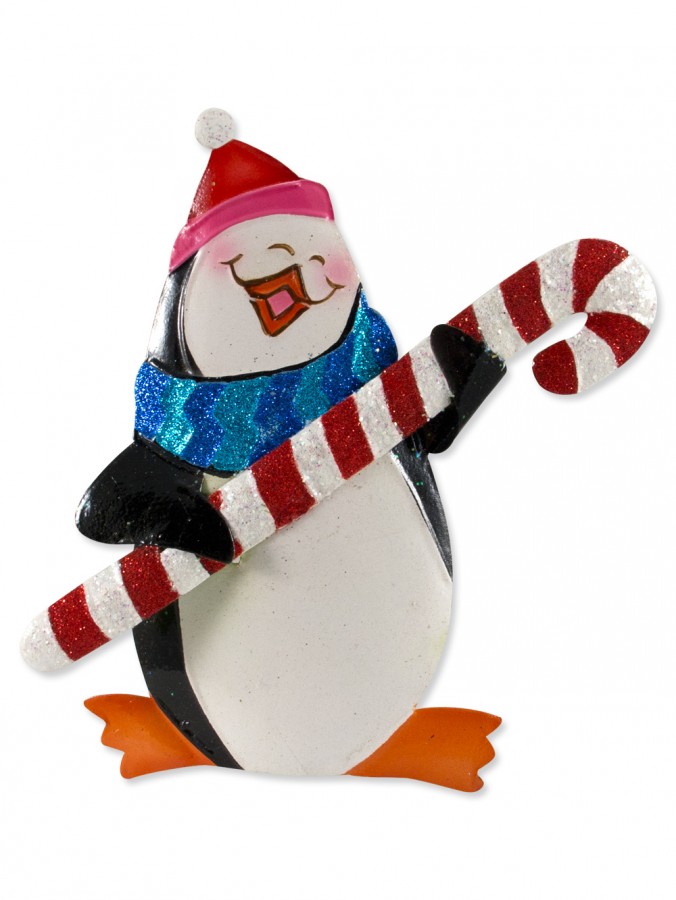 Penguin Holding Candy Cane Hanging Tin Ornament - 14cm