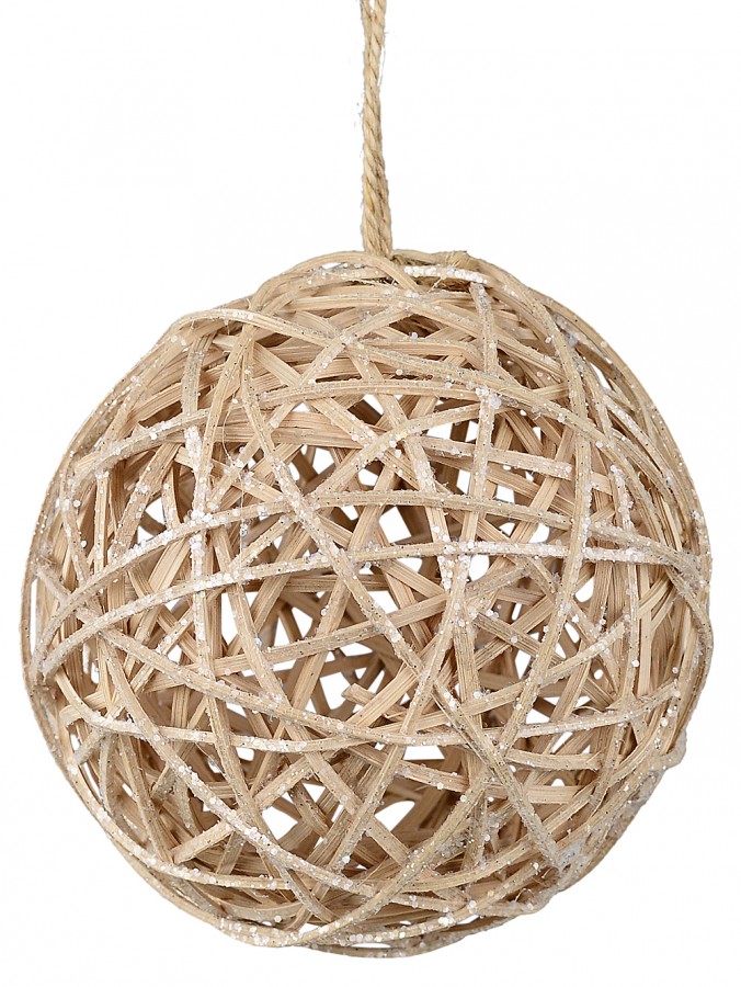 12cm Woven Natural Vine Like Hollow Ball Bauble Dusted With Glitter