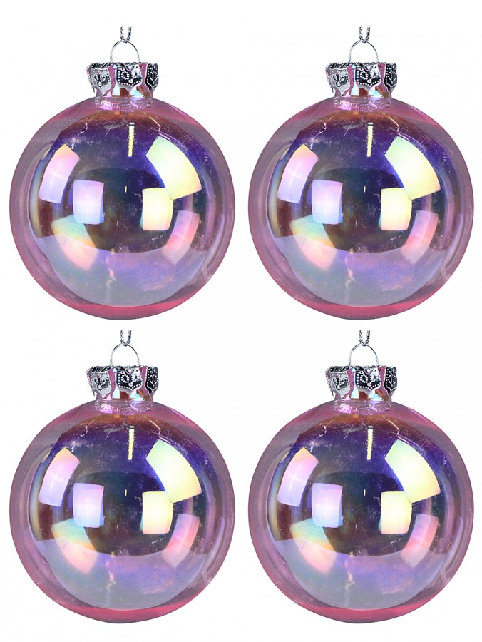 Pink Tinted & Iridescent Soap Bubble Look Clear Christmas Baubles - 4 x 80mm