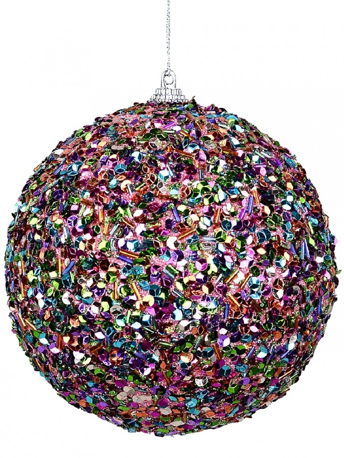 Multi Colour Sequin & Bugle Bead Coated Bauble Christmas Decoration - 12cm