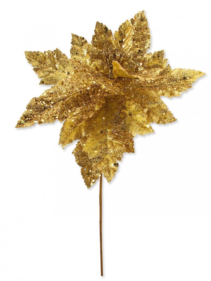 Gold Poinsettia Pick With Glitter & Glass Beads - 45cm