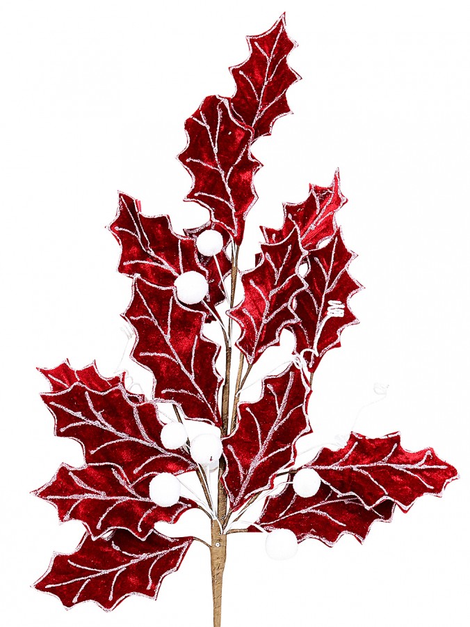 80cm Red Velvet Holly Leaf & Snow Berries Long Christmas Stem