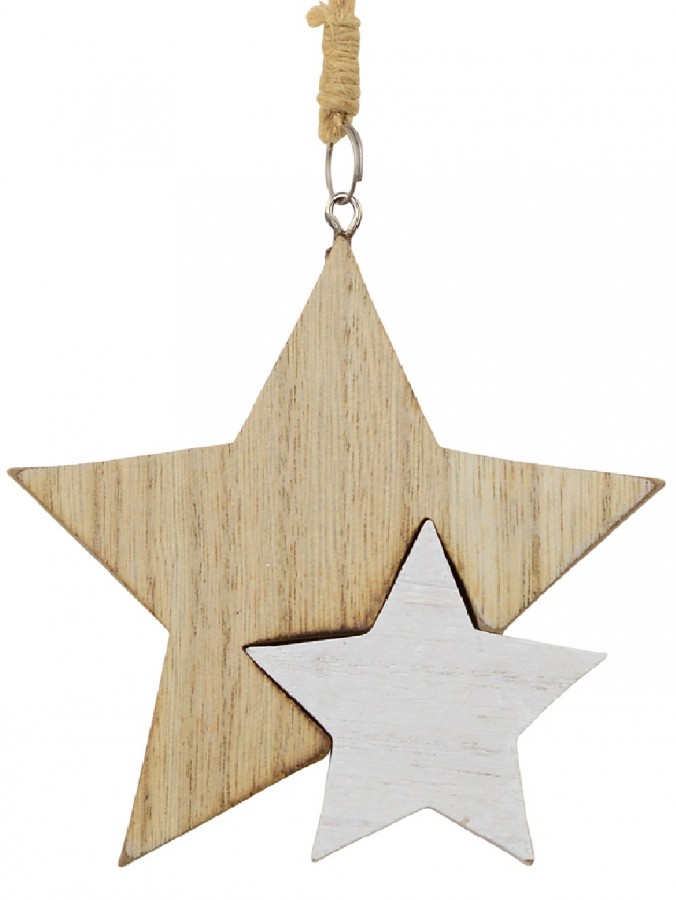 Natural & White Wooden Stars Christmas Tree Hanging Decoration - 10cm