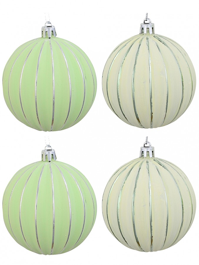 4x Mint & Cream Ribbed Silver Pinstripe Whimsical Signature Baubles | 80mm