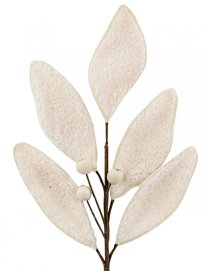 58cm Cream Natural Wool Magnolia Leaf & Berry Spray Long Christmas Stem