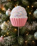 Pink Cupcake With Pastel Sprinkles & Silver Tinsel Long Christmas Stem | 71cm