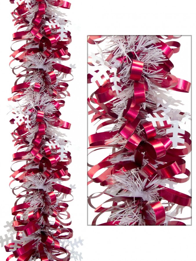 Red Loop & White Needle Tinsel With Snowflakes - 2.7m