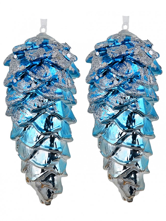4x Silver Blue Two Tone Whimsical Signature Pinecone Finial Drop | 11cm