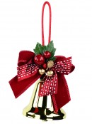 Shiny Gold Christmas Bell Hanging Decoration With Red Bow & Holly - 10cm