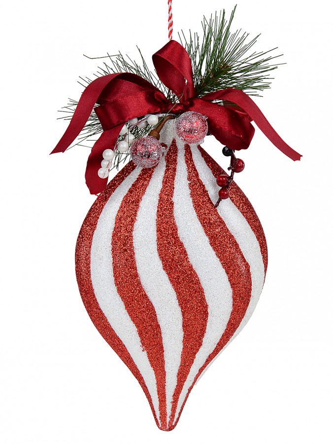 Red & White Swirl Pattern Onion Shape Christmas Hanging Decoration - 30cm