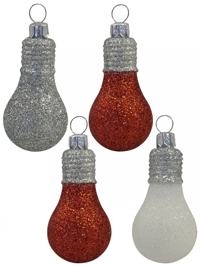 Glittered Red, White & Silver Light Bulb Decorations - 4 x 10cm
