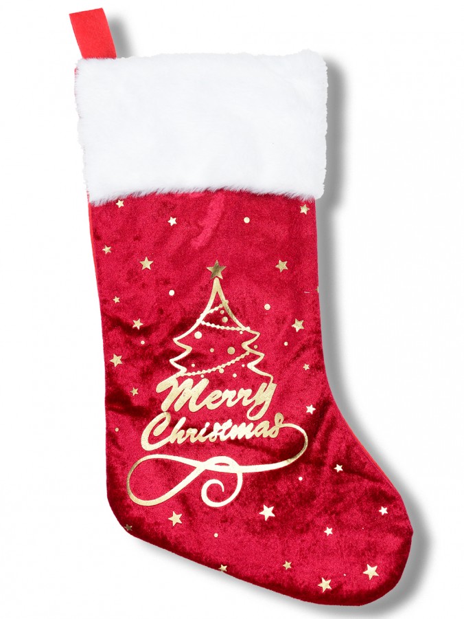 45cm Gold Merry Christmas & Tree Ruby Velvet Stocking With Faux Fur Cuff