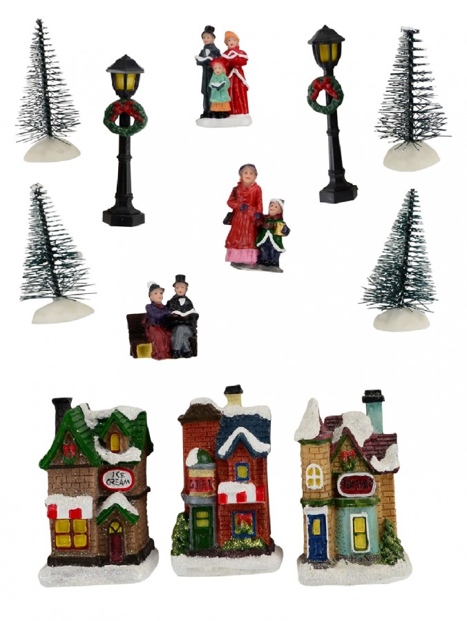 Carollers In Illuminated Town Centre Christmas Village Figurines - 12 Piece Set