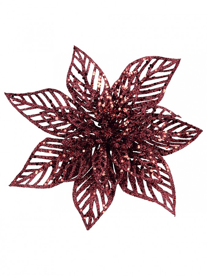 Deep Burgundy Crimson Perforated Mesh Poinsettia Christmas Clip Pick | 22cm